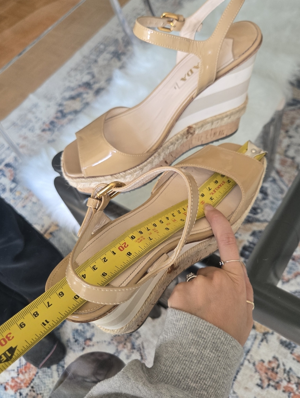 Prada Tan Beige Leather Espadrille Wedge Sandals Square Peep Toe Heels 40 - Picture 11 of 15